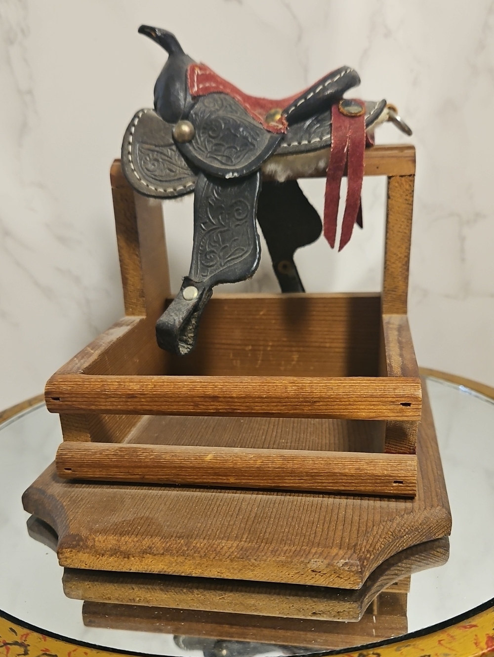 Vintage Miniature Black and Red Tooled Saddle Business Card Holder